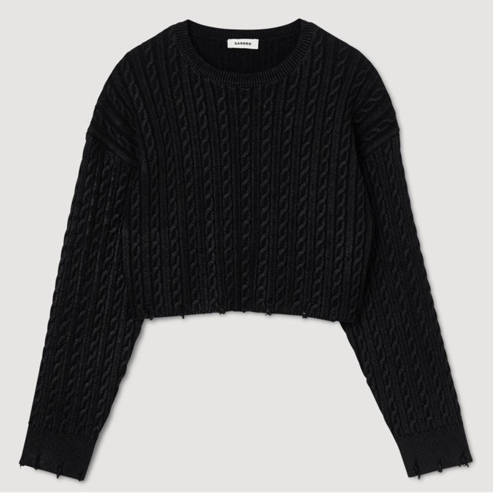 Sandro Black Cropped Cable Knit Top